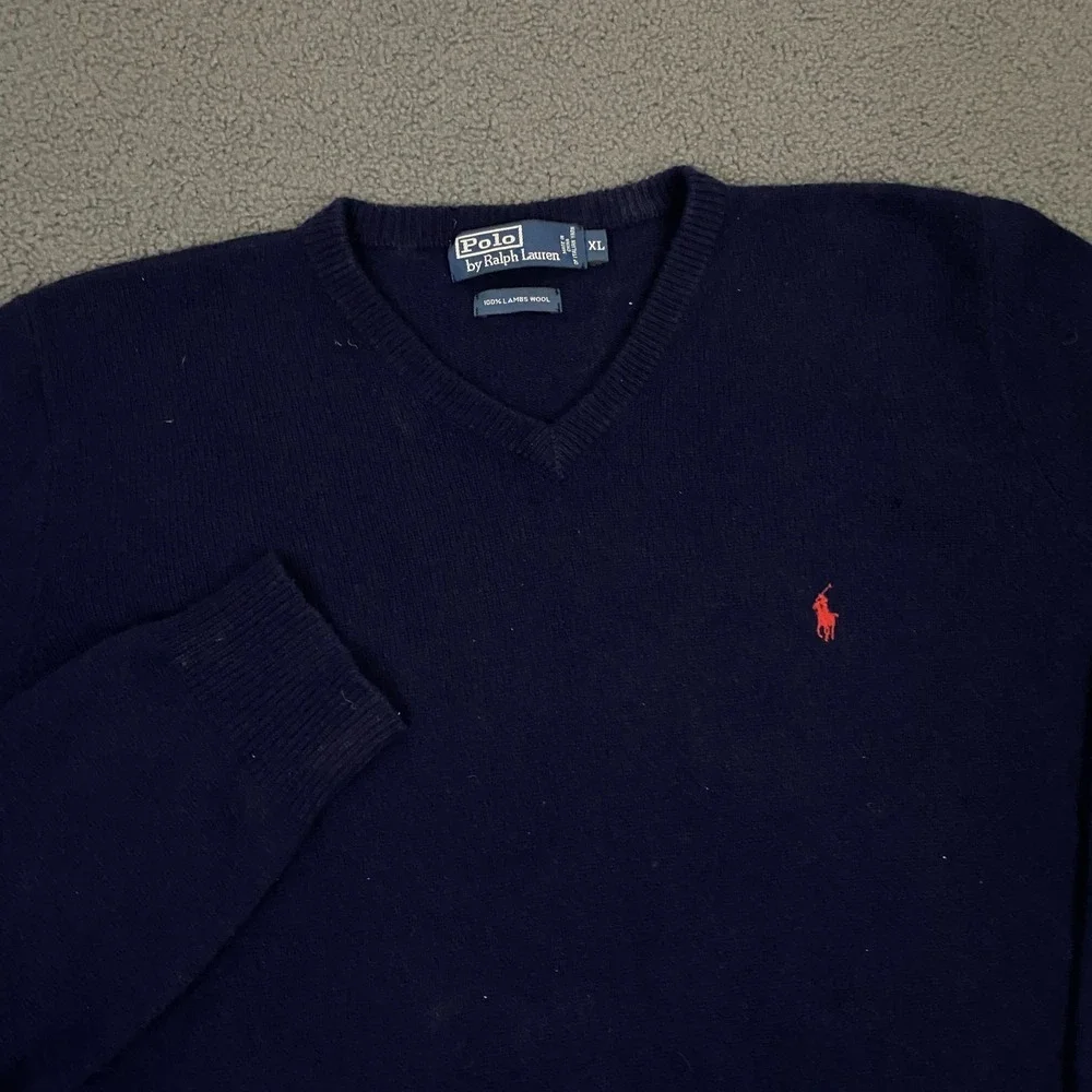 Vintage Polo Ralph Lauren Sweater Mens XL Blue Lambswool V-Neck Pullover Pony